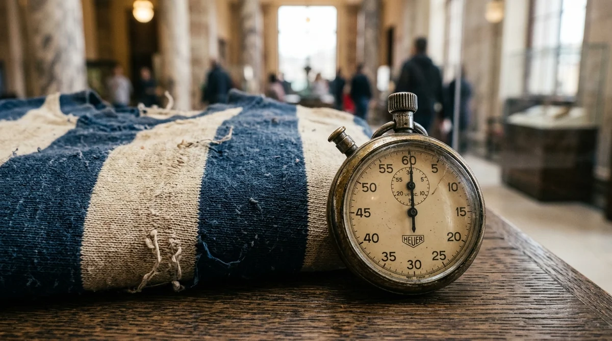 Un vieux chronomètre Heuer posé sur un tissu rayé dans un hall de musée.