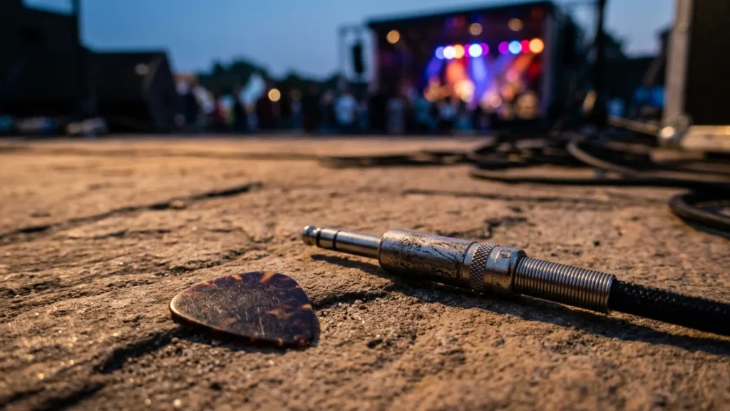 Un médiator de guitare et un câble jack posés sur le sol d'une scène.