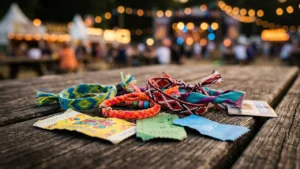 Plusieurs bracelets colorés et billets d'entrée posés sur une table en bois extérieur.