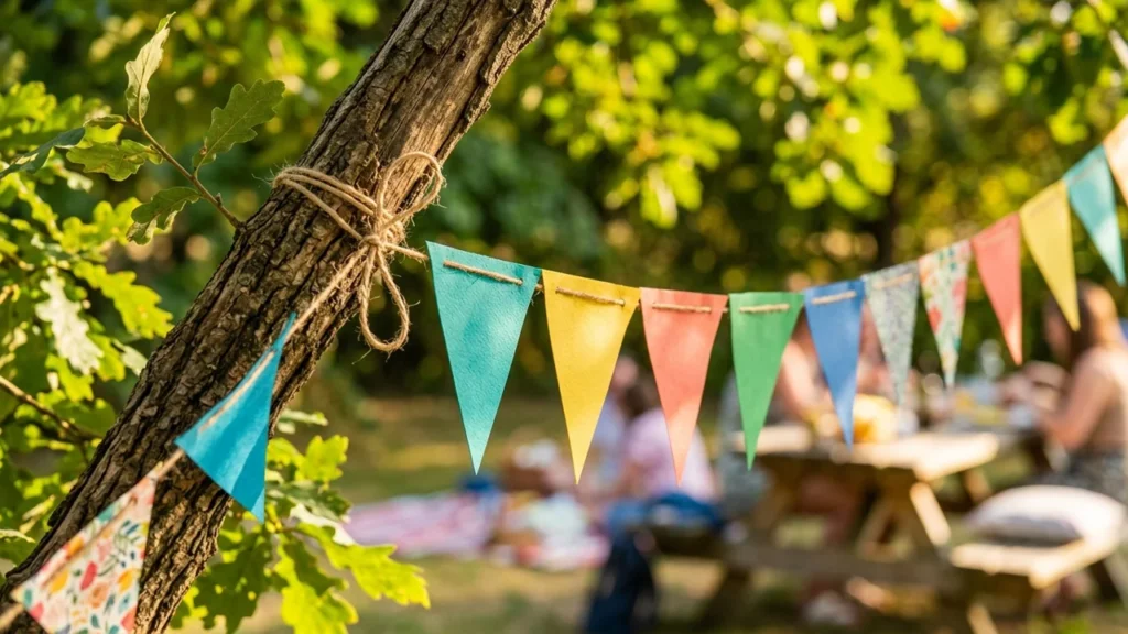 Guirlande de fanions colorés suspendue à un tronc d'arbre dans un parc ensoleillé.