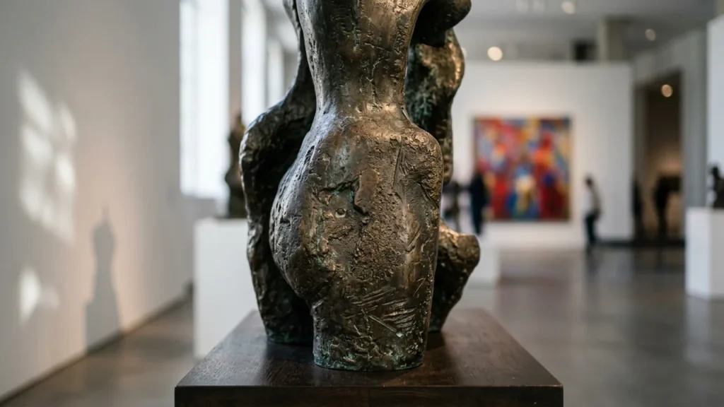 Gros plan sur une sculpture en bronze texturé dans une galerie d'art contemporain lumineuse.