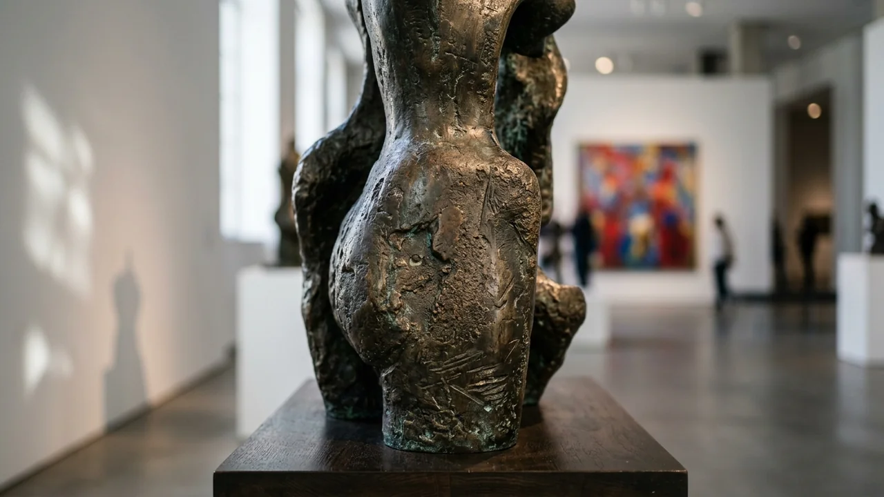 Gros plan sur une sculpture en bronze texturé dans une galerie d'art contemporain lumineuse.