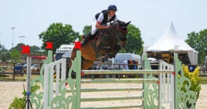 Cavalier portant un casque sautant un obstacle avec son cheval de sport sombre.
