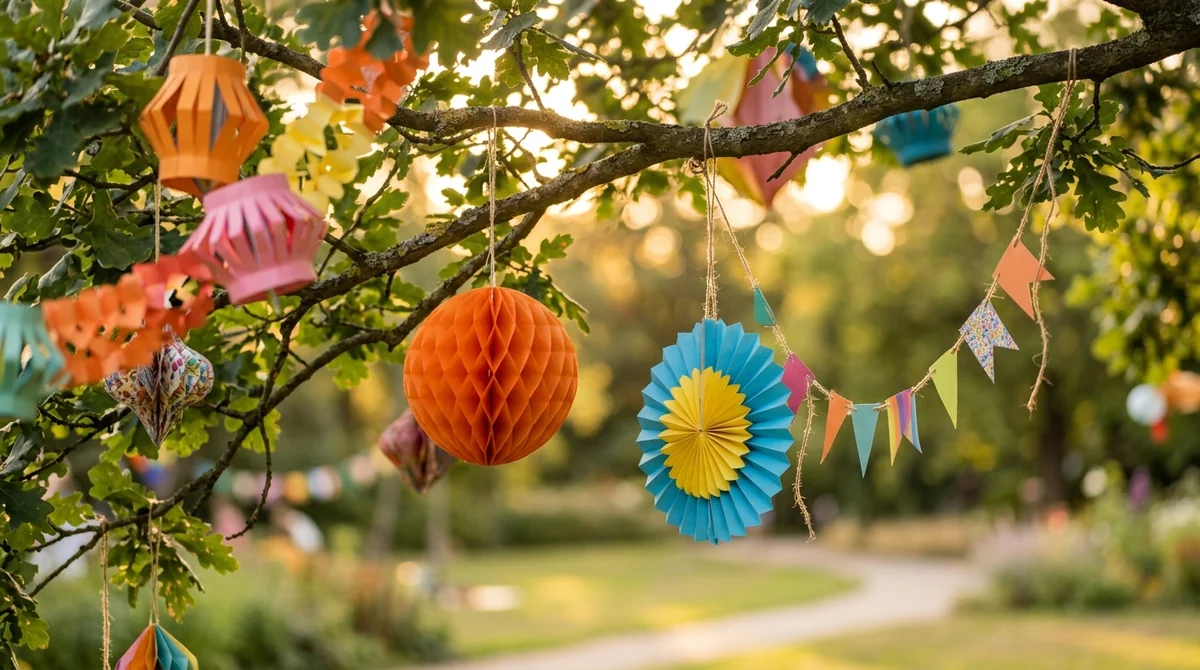 Des décorations en papier coloré suspendues aux branches d'un arbre lors d'une fête.
