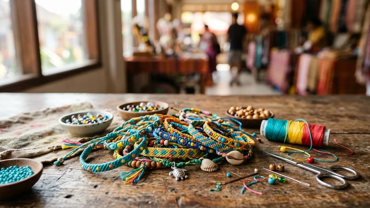 Des bracelets artisanaux colorés posés sur une table en bois avec du matériel de création.