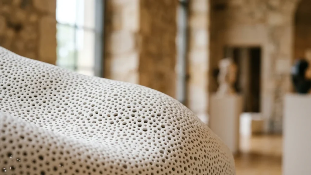 Gros plan sur une sculpture blanche organique texturée couverte de nombreux petits trous circulaires.