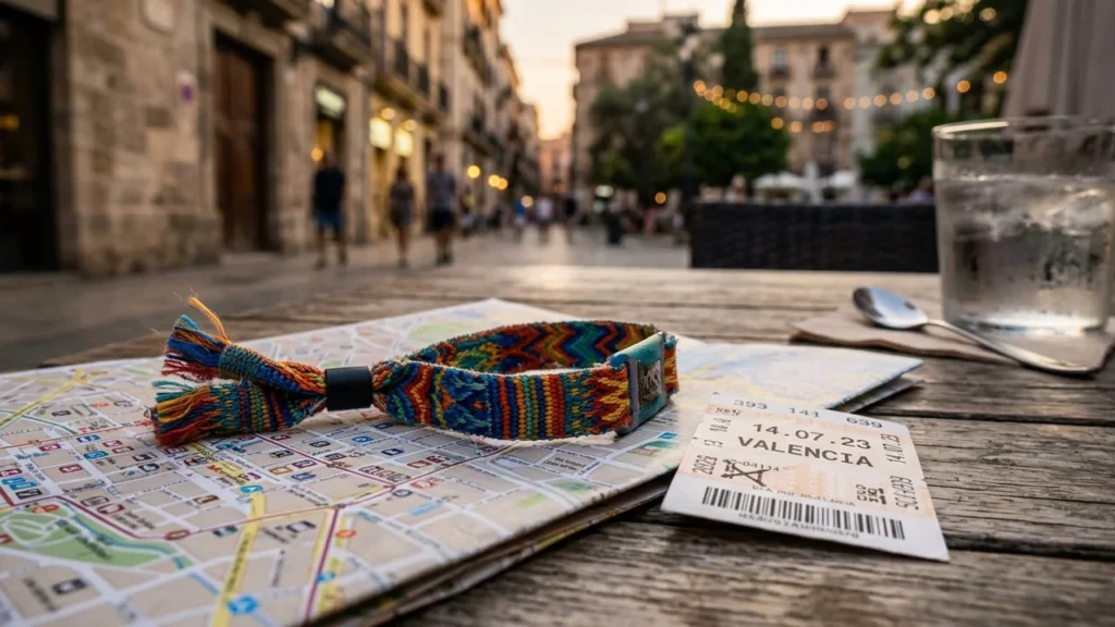 Une carte touristique, un bracelet coloré et un billet pour Valence sur une table extérieure.