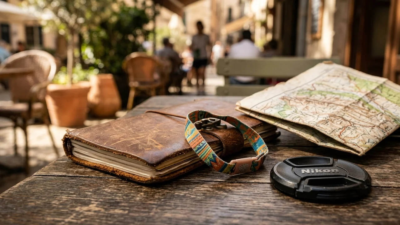 Carnet en cuir, bracelet coloré et carte géographique posés sur une table de terrasse ensoleillée.
