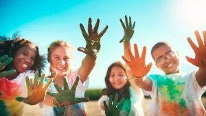 Quatre enfants souriants montrent leurs mains couvertes de peinture colorée sous un ciel bleu.