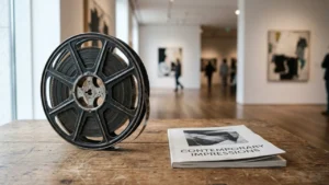 Une bobine de film vintage posée sur une table en bois dans une galerie d'art.