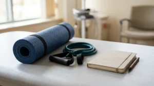 Un tapis de yoga bleu, une bande de résistance et un journal posés sur une table.