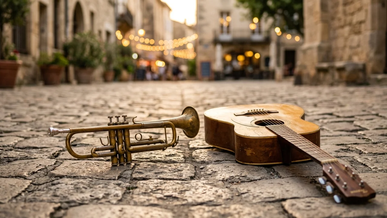 Une trompette dorée et une guitare acoustique posées sur un sol pavé ancien.