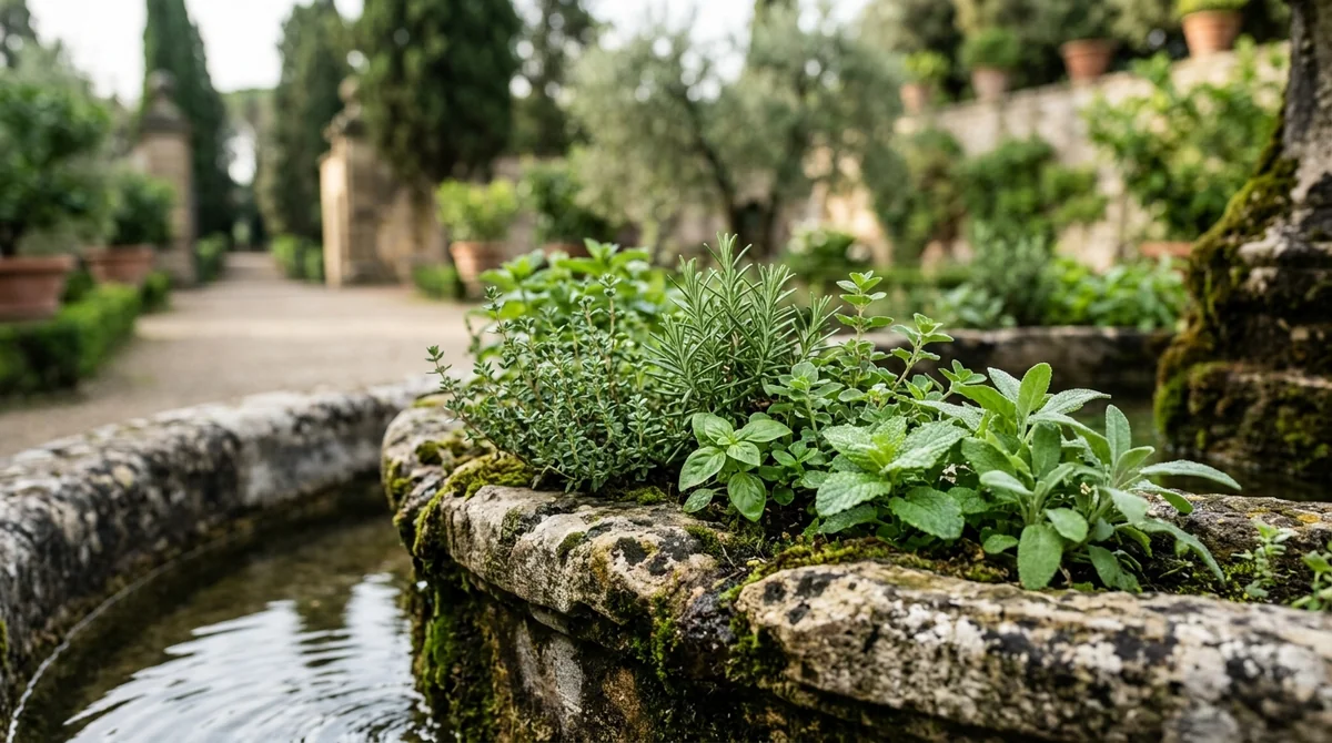Gros plan sur des herbes aromatiques poussant dans une fontaine en pierre ancienne.