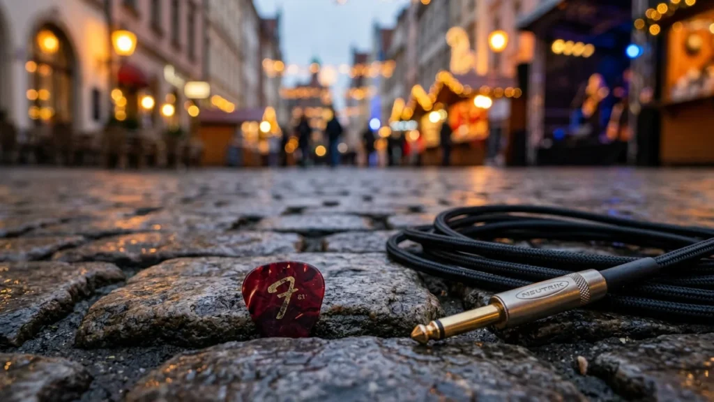 Un médiator rouge et un câble jack posés sur les pavés d'une rue festive.