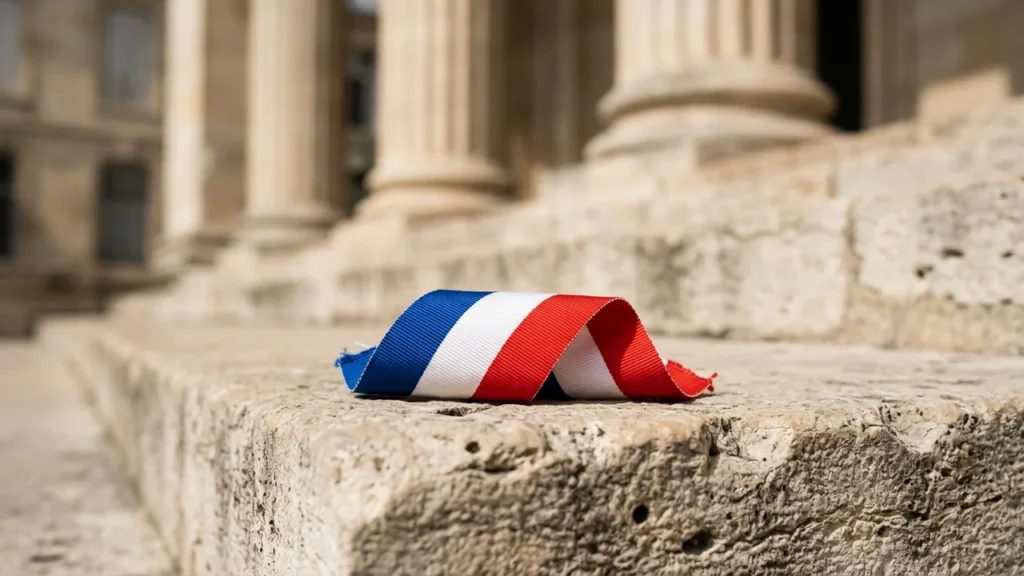 Une écharpe tricolore française posée sur les marches en pierre d'un bâtiment officiel classique.