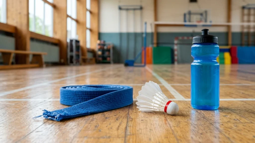 Une ceinture d'arts martiaux bleue, un volant de badminton et une gourde sur parquet.