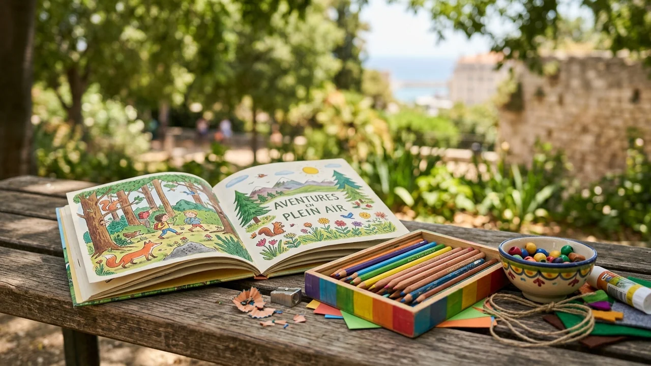 Un livre ouvert illustré sur une table en bois avec des crayons de couleur.