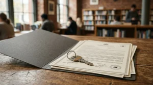 Une clé de maison est posée sur des documents officiels dans une bibliothèque floue.