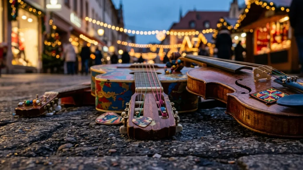 Guitare colorée et violon posés sur les pavés d'un marché de Noël illuminé.