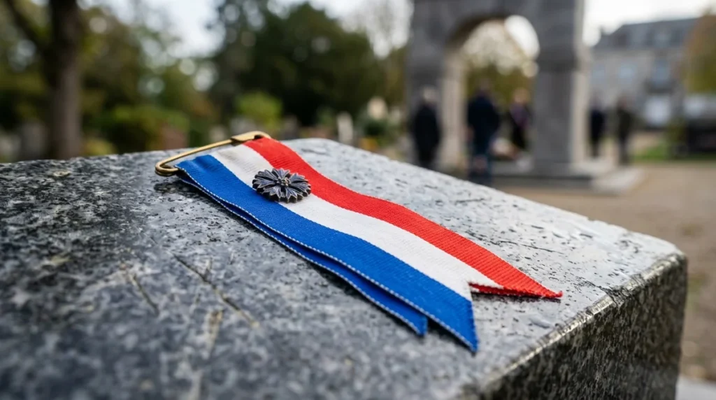 Un ruban tricolore français avec une épinglette posé sur une pierre tombale en granit.