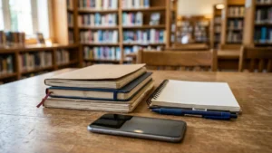 Une pile de livres, un carnet à spirales, des stylos et un smartphone sur table.