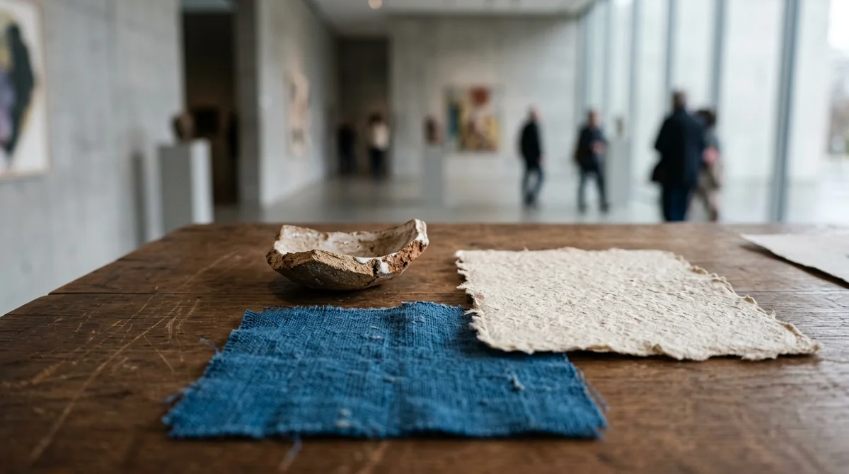 Un bol en céramique, un tissu bleu et du papier artisanal sur une table.