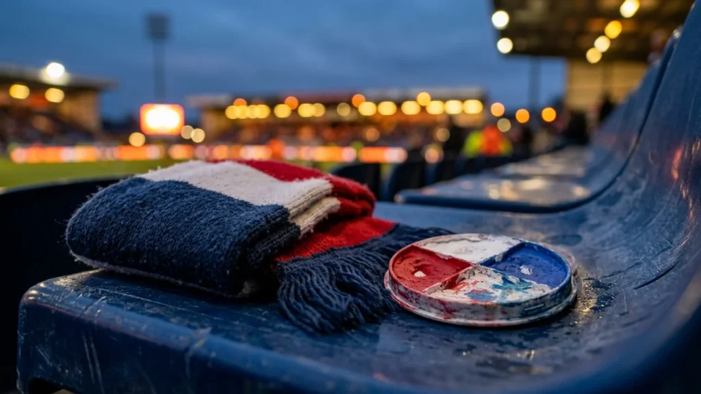 Une écharpe tricolore et une palette de maquillage posées sur un siège de stade.