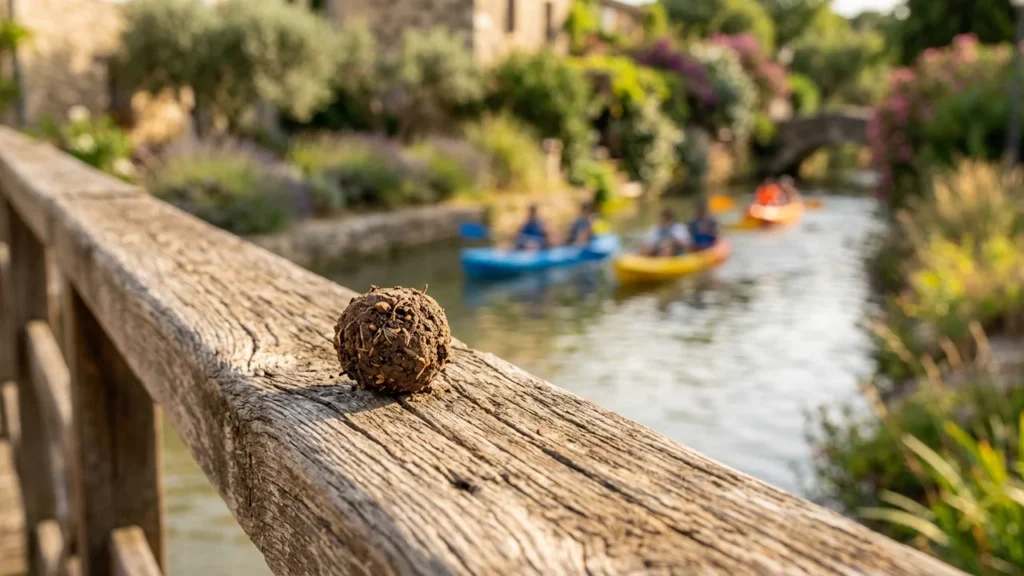 Une boule de terre texturée posée sur une rampe en bois près d'un canal.