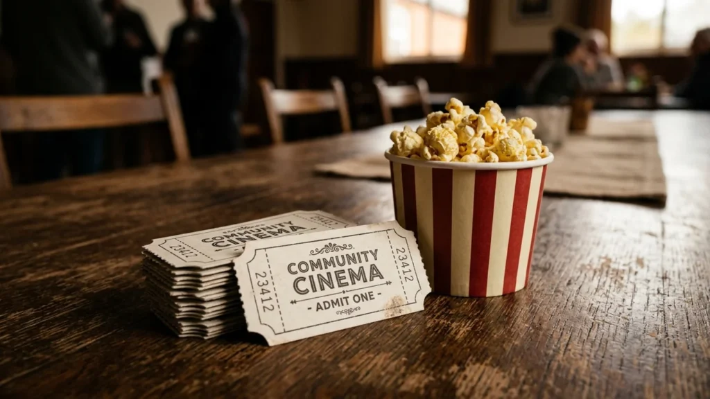 Un pot de pop-corn rayé et une pile de billets de cinéma sur table.