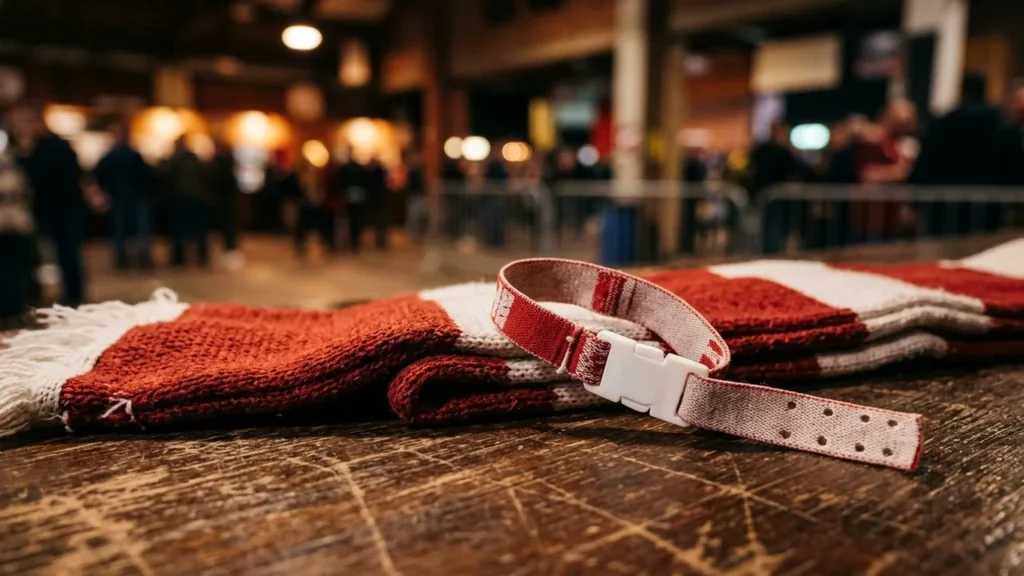 Une écharpe rayée rouge et blanche avec un bracelet d'accès posés sur une table.