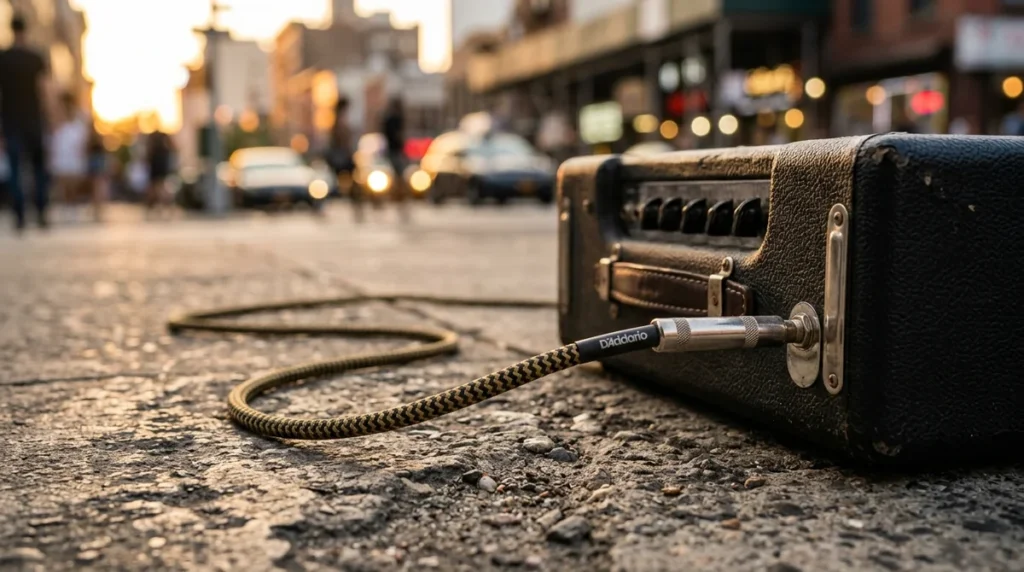 Un amplificateur de guitare noir posé sur le trottoir avec un câble D'Addario branché.