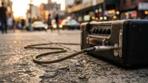 Un amplificateur de guitare noir posé sur le trottoir avec un câble D'Addario branché.