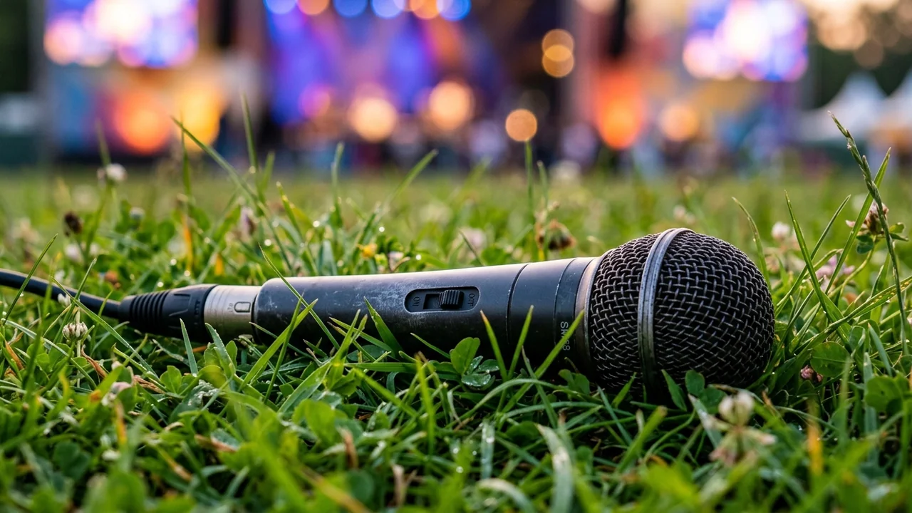 Un microphone noir posé dans l'herbe verte devant une scène de festival floue.