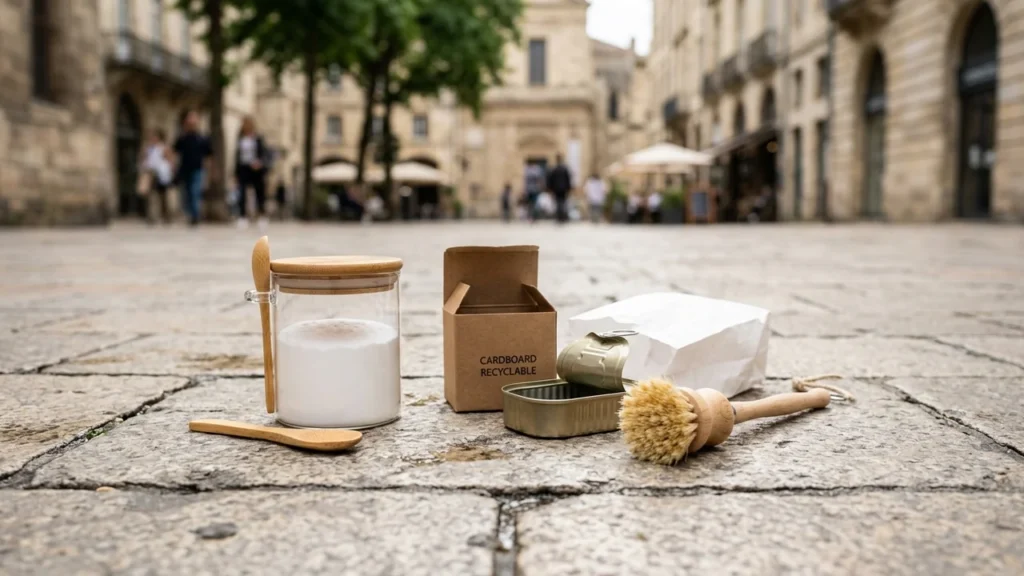 Objets zéro déchet posés sur un sol en pierre devant une place publique floue.