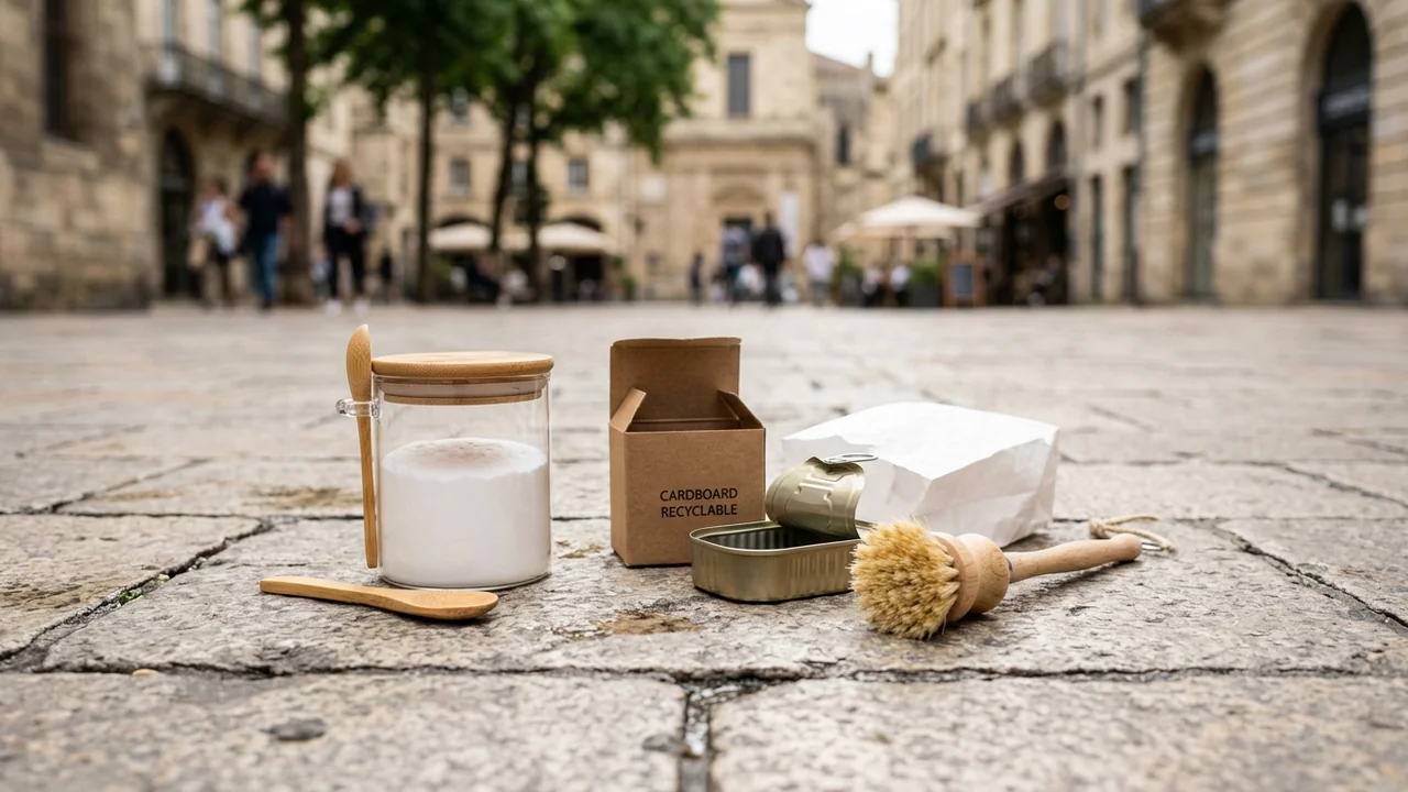 Objets zéro déchet posés sur un sol en pierre devant une place publique floue.