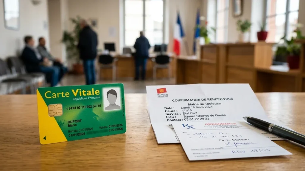 Une carte vitale et un formulaire administratif posés sur un bureau de mairie flou.