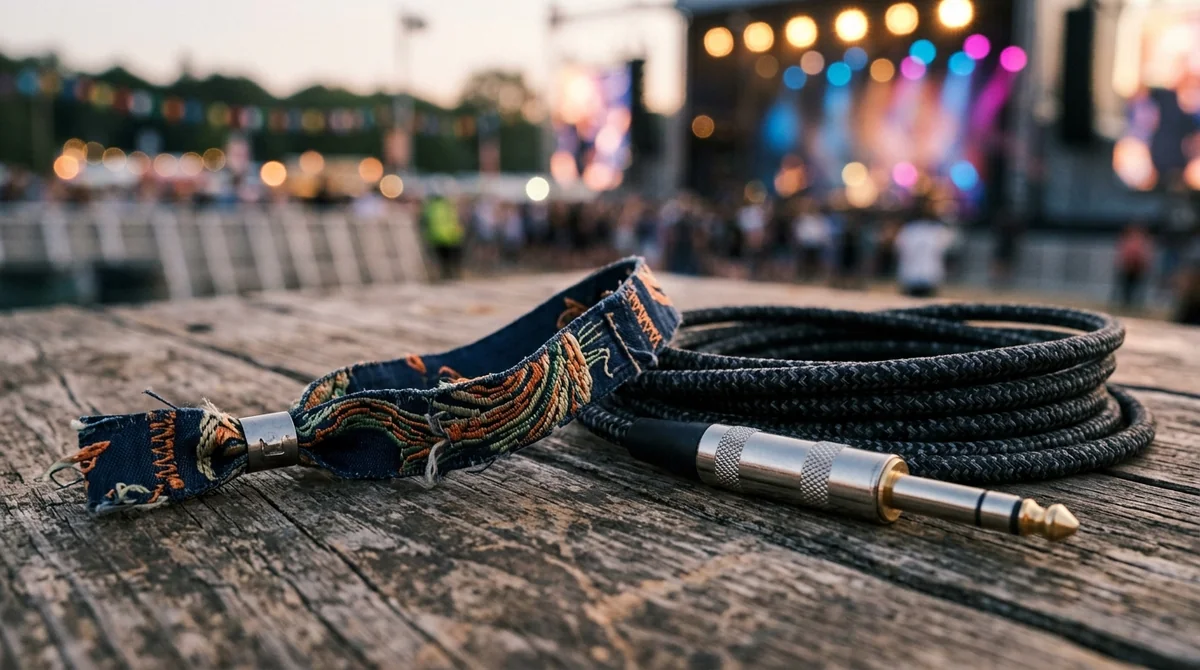 Un bracelet de festival en tissu et un câble audio sur une table en bois.