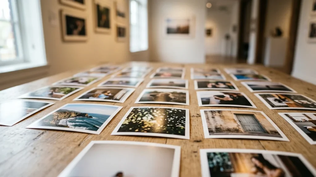 Plusieurs photographies imprimées sont étalées sur une grande table en bois dans une galerie.