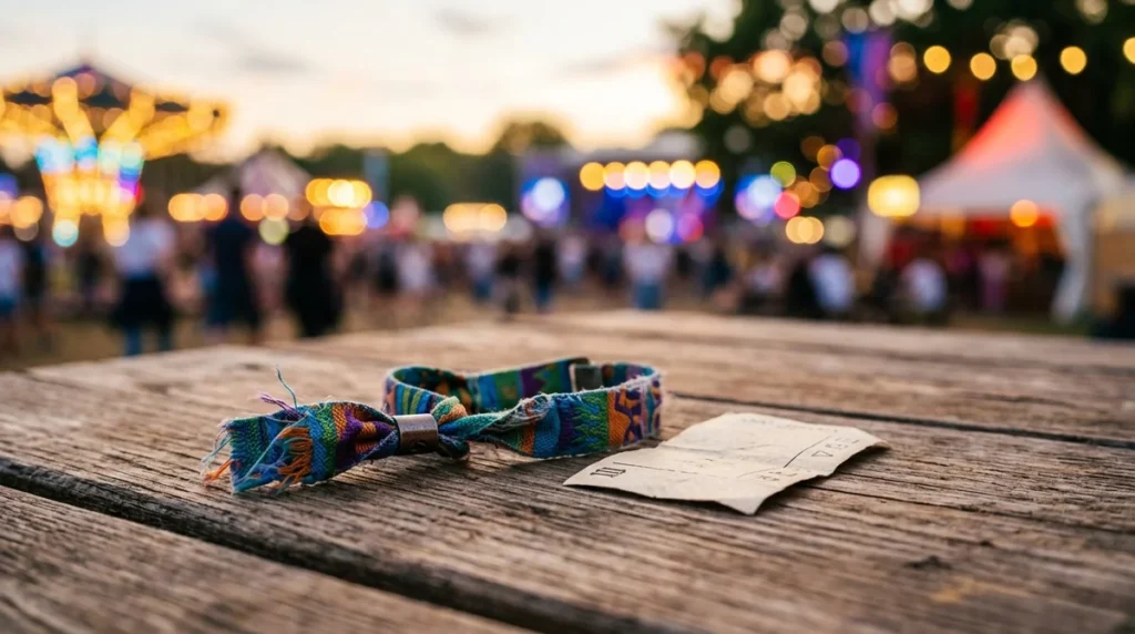 Un bracelet de festival coloré et un billet usé posés sur une table en bois.