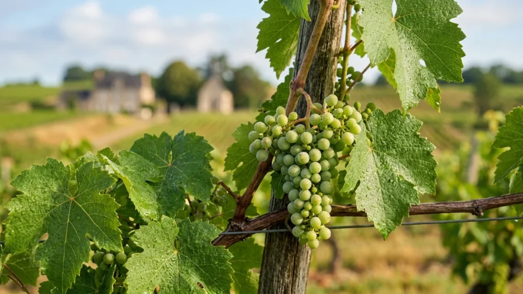 Grappe de raisin blanc sur un pied de vigne avec des feuilles rosées de rosée.