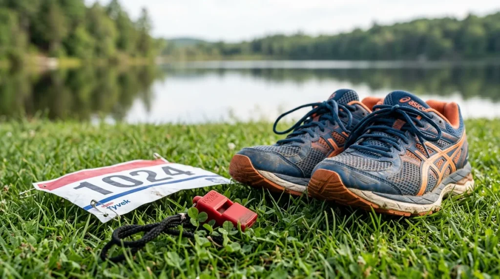 Une paire de chaussures de course, un dossard numéro 1024 et un sifflet rouge sur l'herbe.