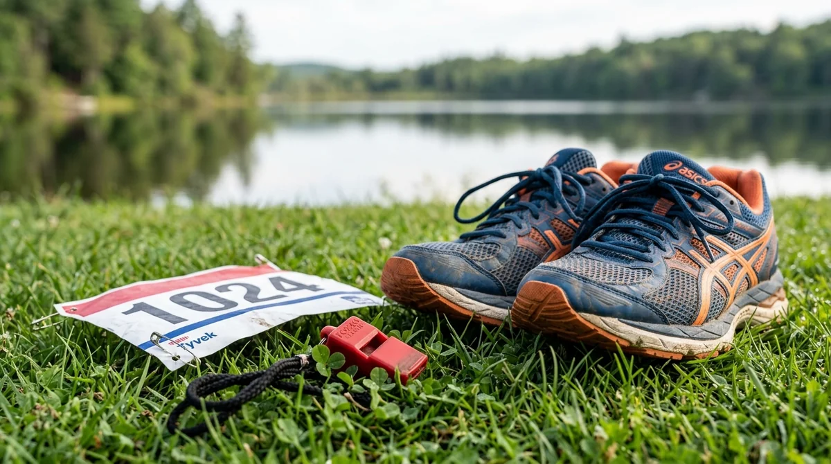 Une paire de chaussures de course, un dossard numéro 1024 et un sifflet rouge sur l'herbe.