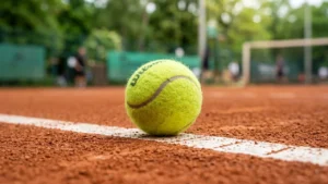 Une balle de tennis jaune repose sur la ligne blanche d'un court en terre battue.