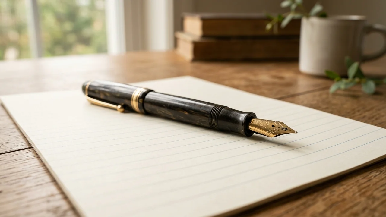Un stylo plume noir et doré posé sur une feuille de papier lignée blanche.