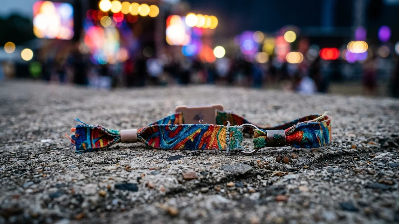 Un bracelet de festival coloré posé sur un sol en pierre devant des lumières floues.