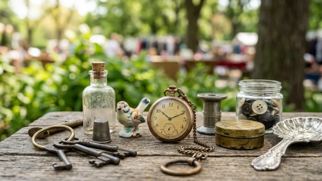 Une montre de poche ancienne entourée d'objets vintage sur une table en bois extérieur.