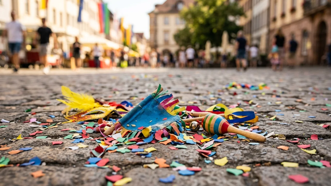 Un masque à plumes et une maracas posés sur des pavés couverts de confettis colorés.
