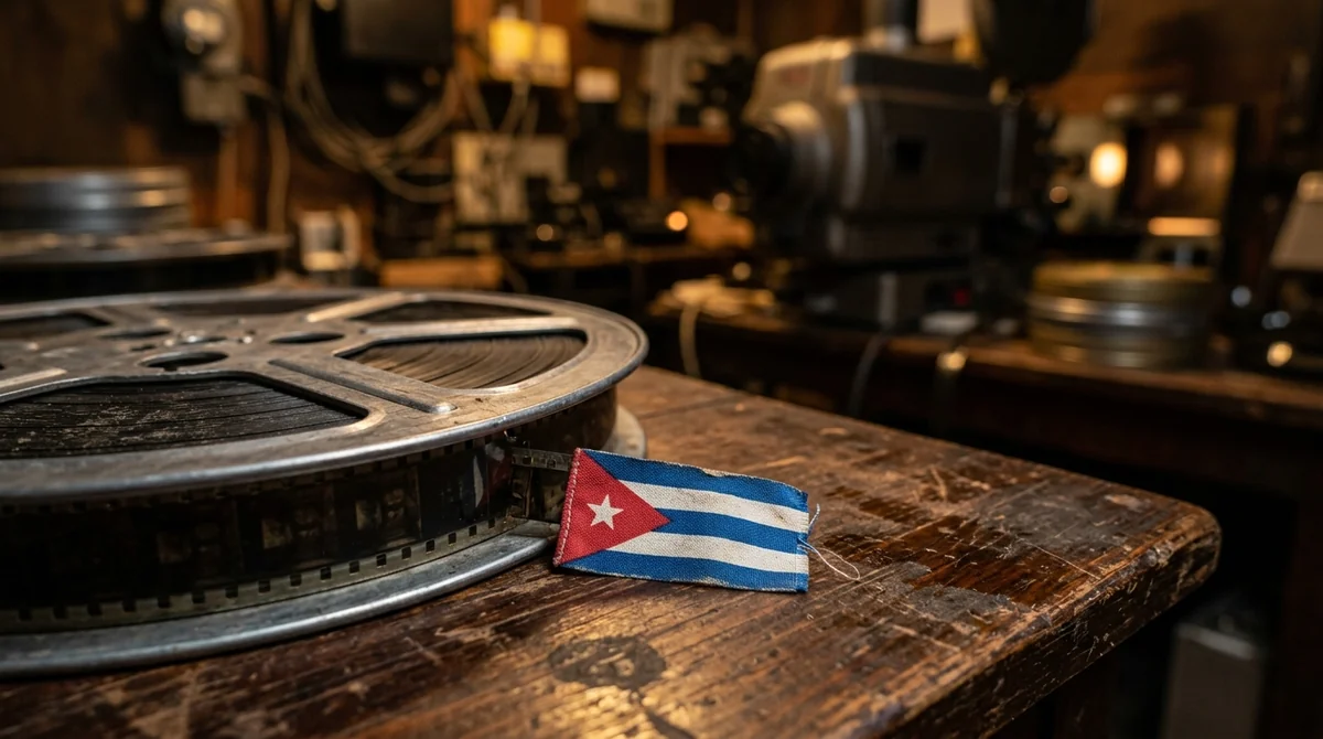 Une bobine de film vintage posée sur une table en bois avec un drapeau cubain.