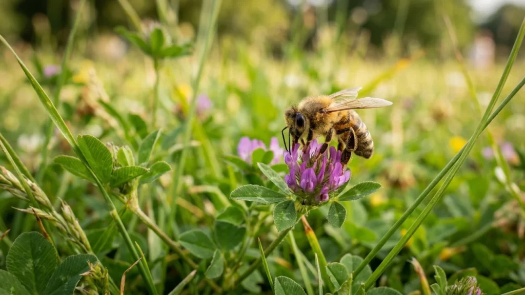 Une abeille butine une fleur de trèfle violet au milieu d'une prairie herbeuse verdoyante.