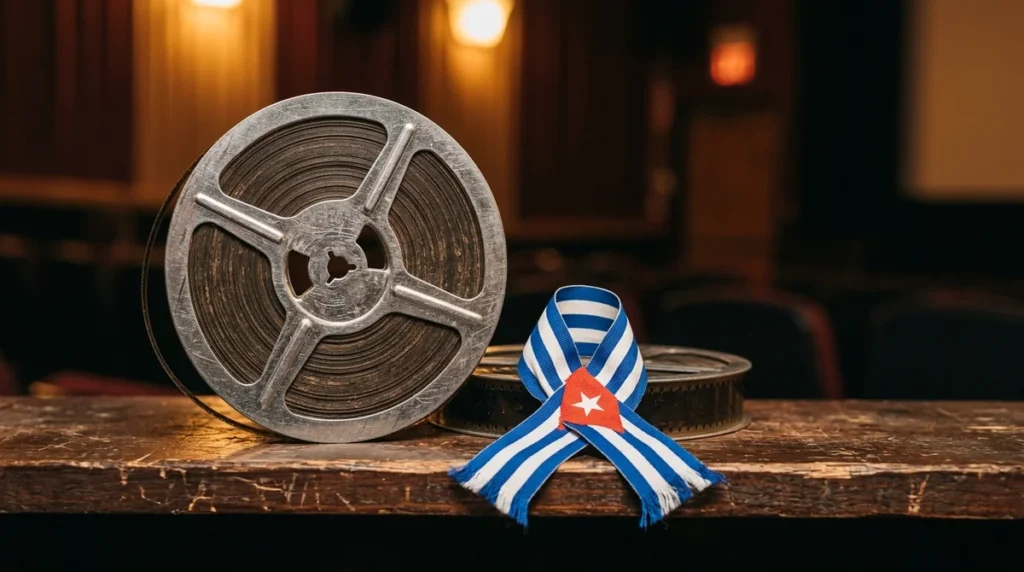 Une bobine de film vintage posée sur une table en bois avec un ruban cubain.